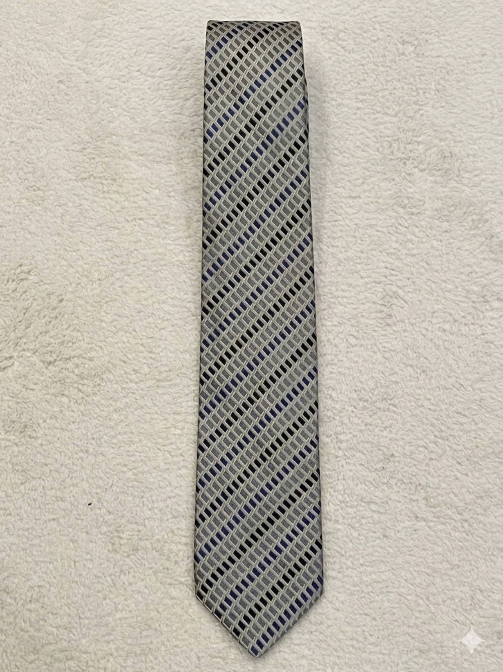 Canali Italy Men's Silk Tie Silver Gray Blue Geometric Checked Woven Grid Luxury